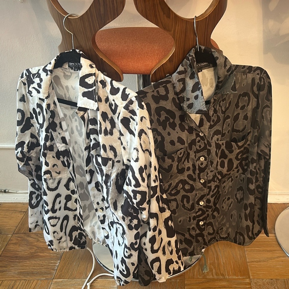 Green and White Leopard Print Button-Up Shirt (2 shirts)
